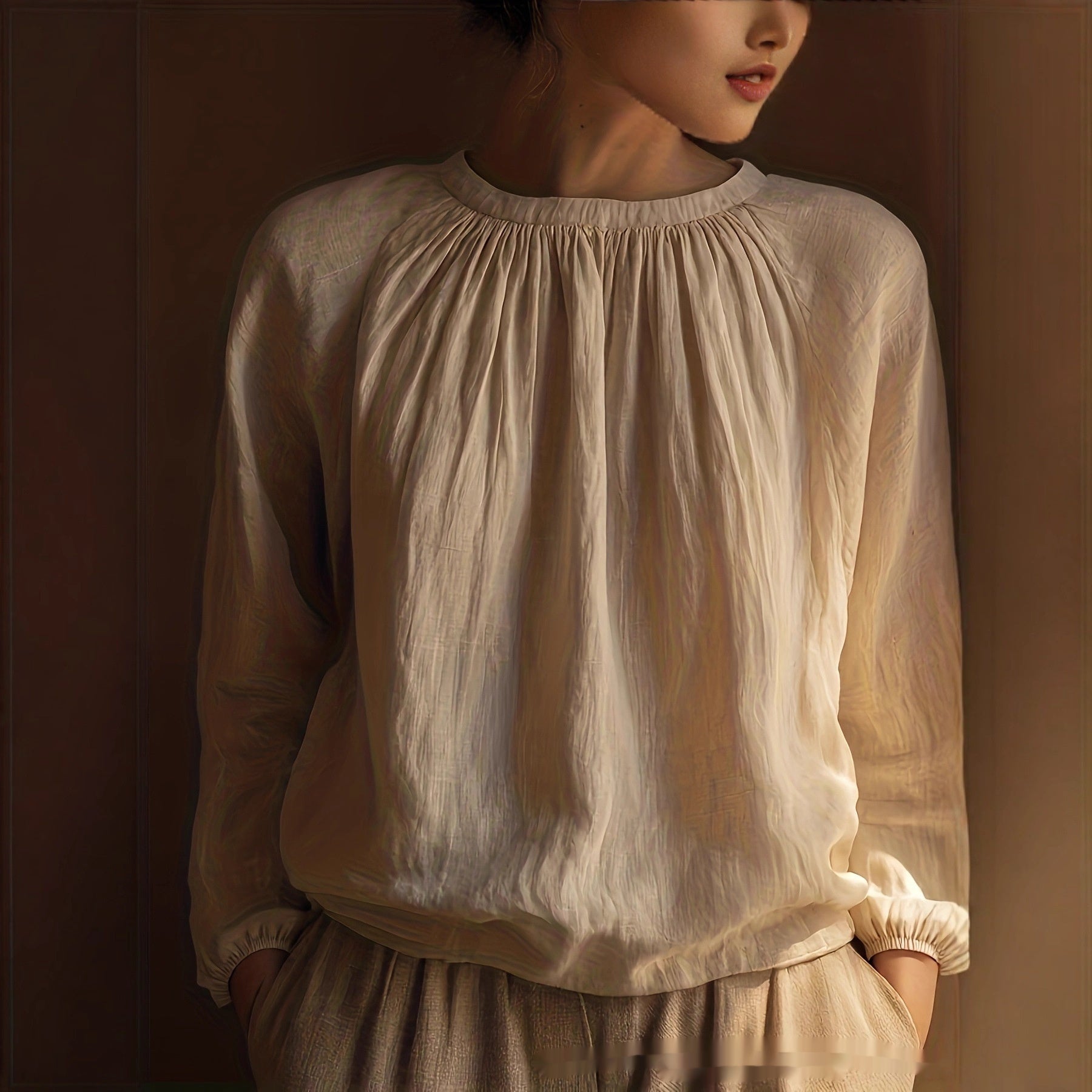 Solid-Color Elegant And Minimalist Linen Long-Sleeve Top.