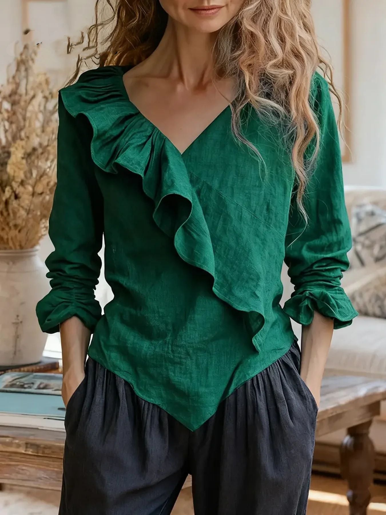 Solid-Color V-Neck Casual Top With Ruffle Long Sleeves