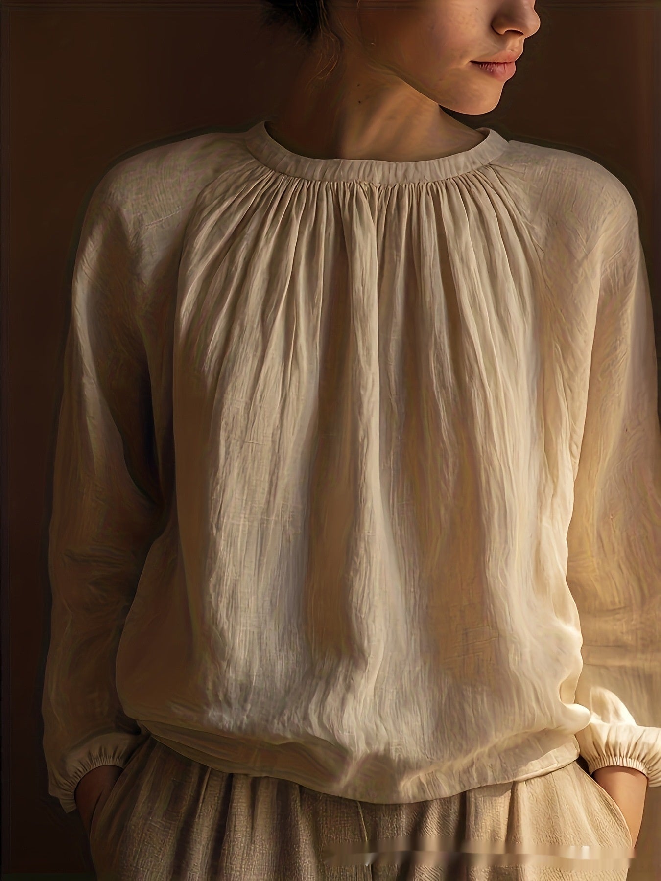 Solid-Color Elegant And Minimalist Linen Long-Sleeve Top.