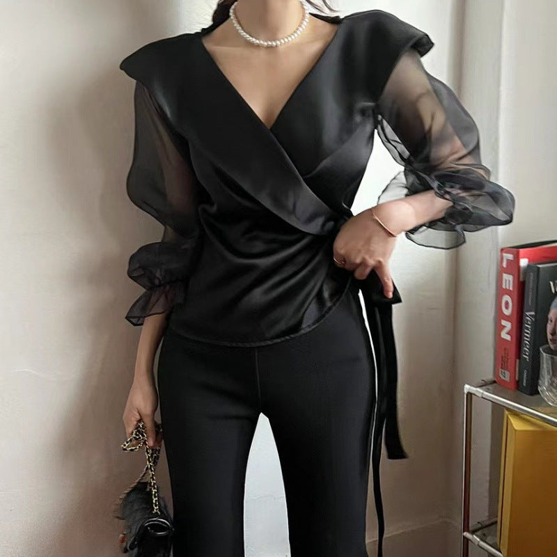 Puff-Sleeve Bow-Tie Blouse