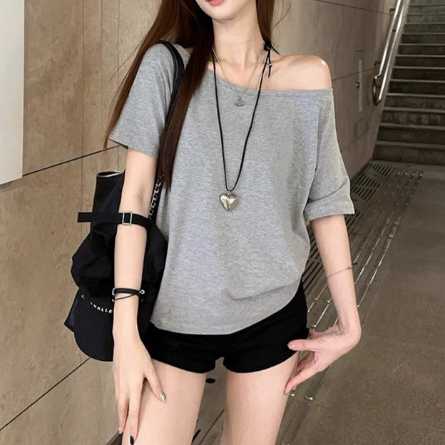 Solid-Color American-Style Retro Off-the-Shoulder Slash-Neck Short-Sleeve Top