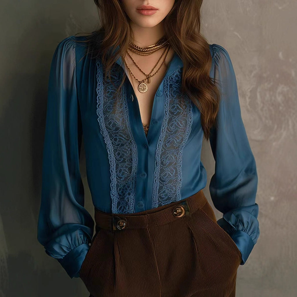Lace-Patched Ruffle-Neck Puff-Sleeve Shirt