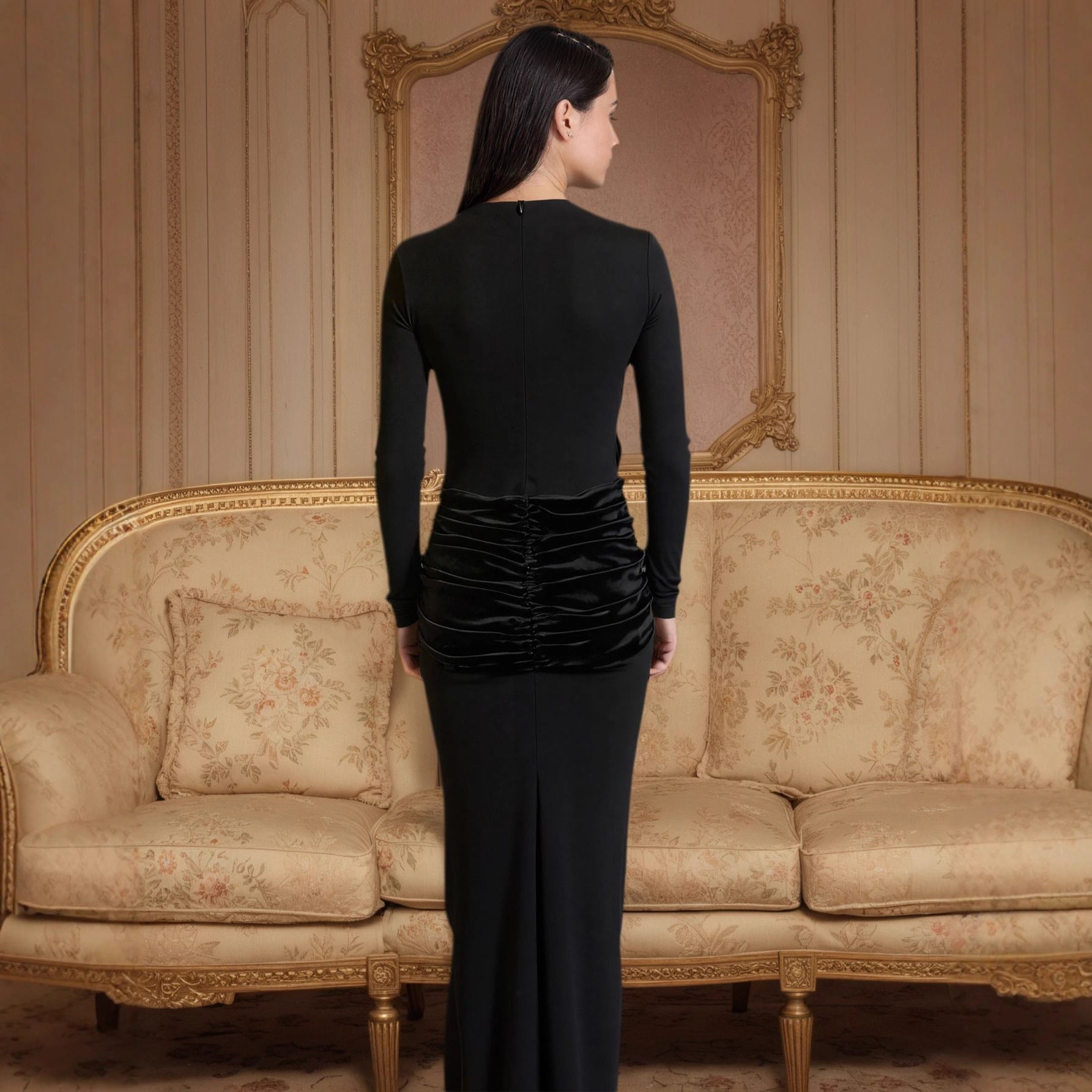 Elegant Long Sleeve Knot Details Patchwork Bodycon Dress