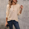 New Womens Long-sleeve Solid-color Waffle-knit Top