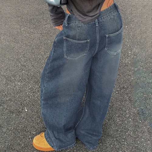 European And American-style Washed Blue Wide-leg Jeans.