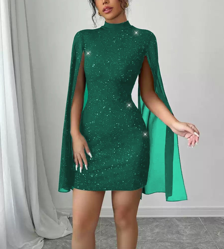 Sequin-embellished Shawl-sleeve Dress With Long Sleeves