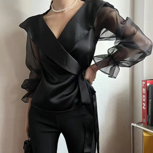 Puff-Sleeve Bow-Tie Blouse