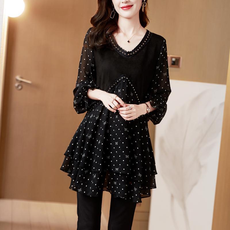 Polka-Dot Chiffon Floral Casual Top