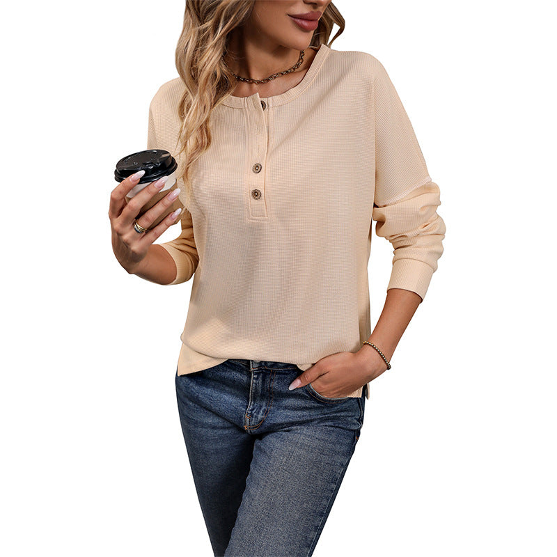 New Womens Long-sleeve Solid-color Waffle-knit Top