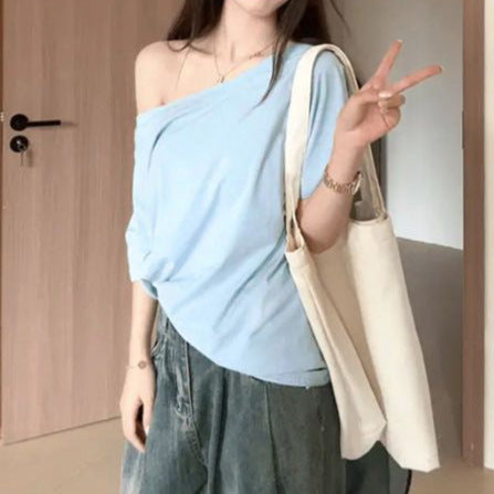 Solid-Color American-Style Retro Off-the-Shoulder Slash-Neck Short-Sleeve Top