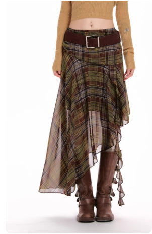 Green Chiffon Plaid Midi Skirt