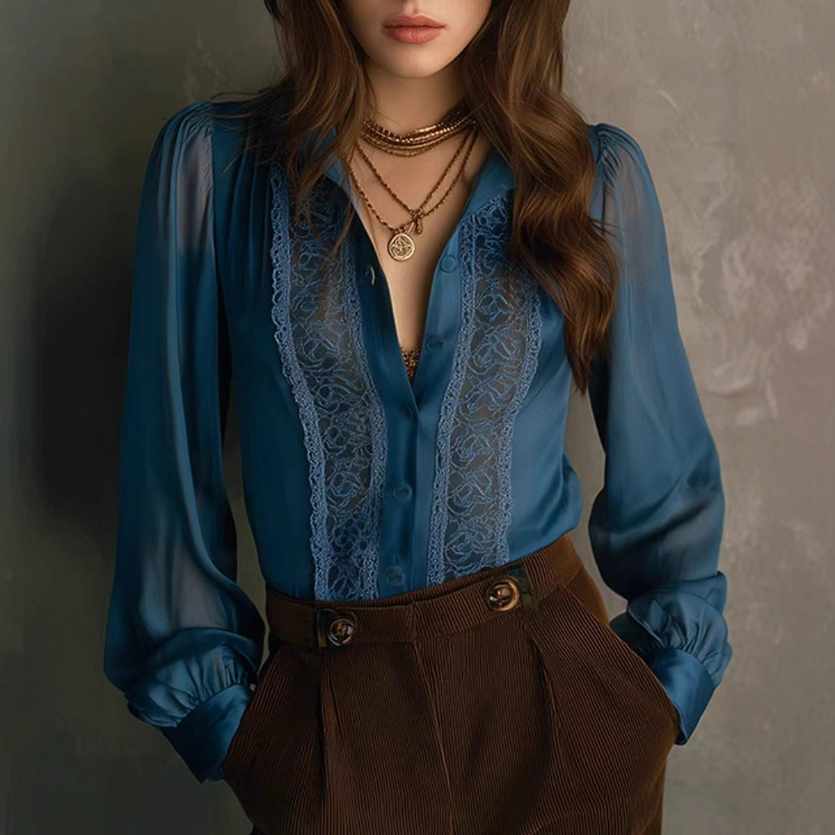 Lace-Patched Ruffle-Neck Puff-Sleeve Shirt