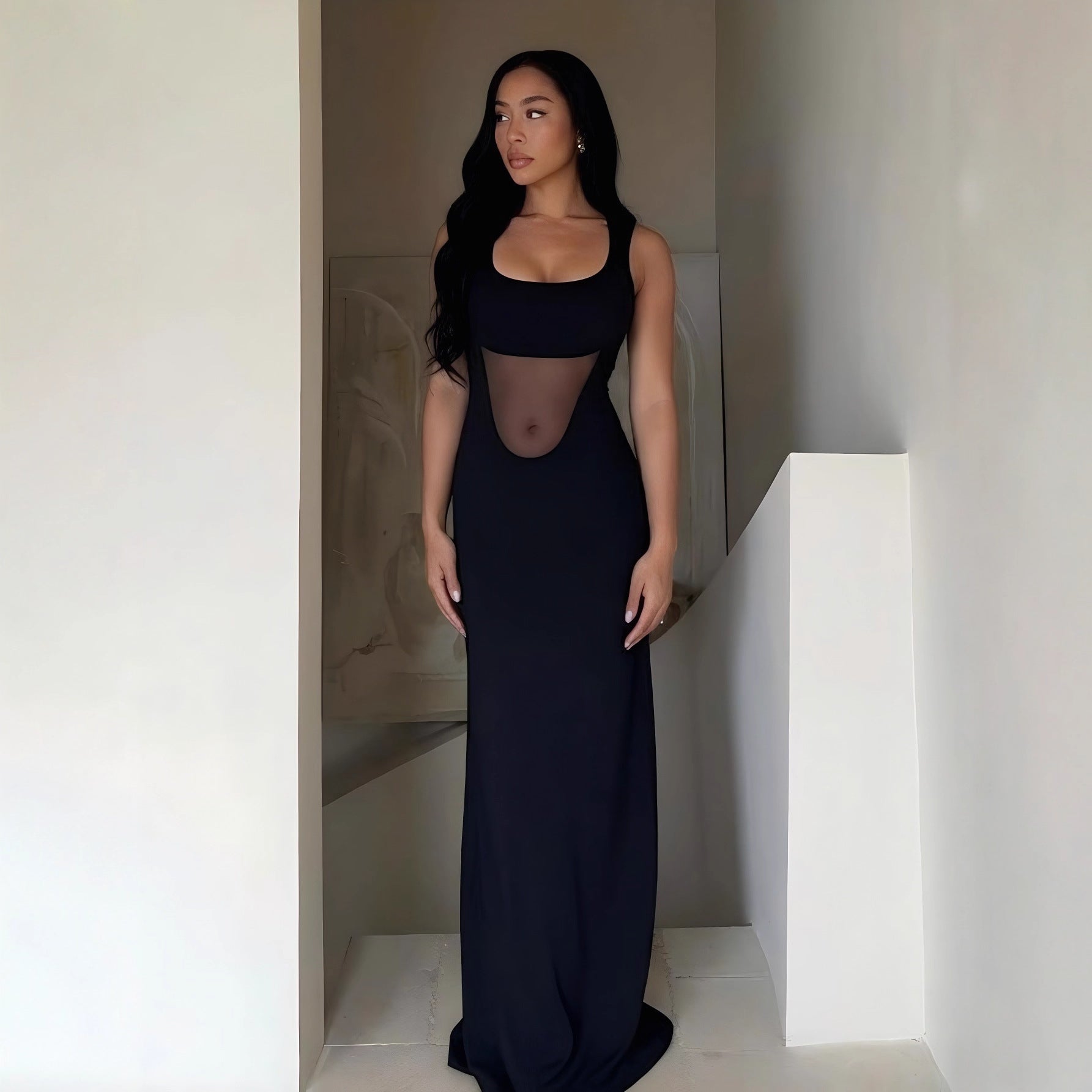 Square-neck Sheer Patchwork Sexy Dress