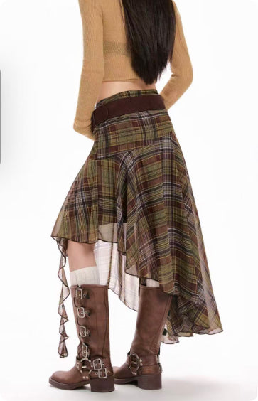 Green Chiffon Plaid Midi Skirt