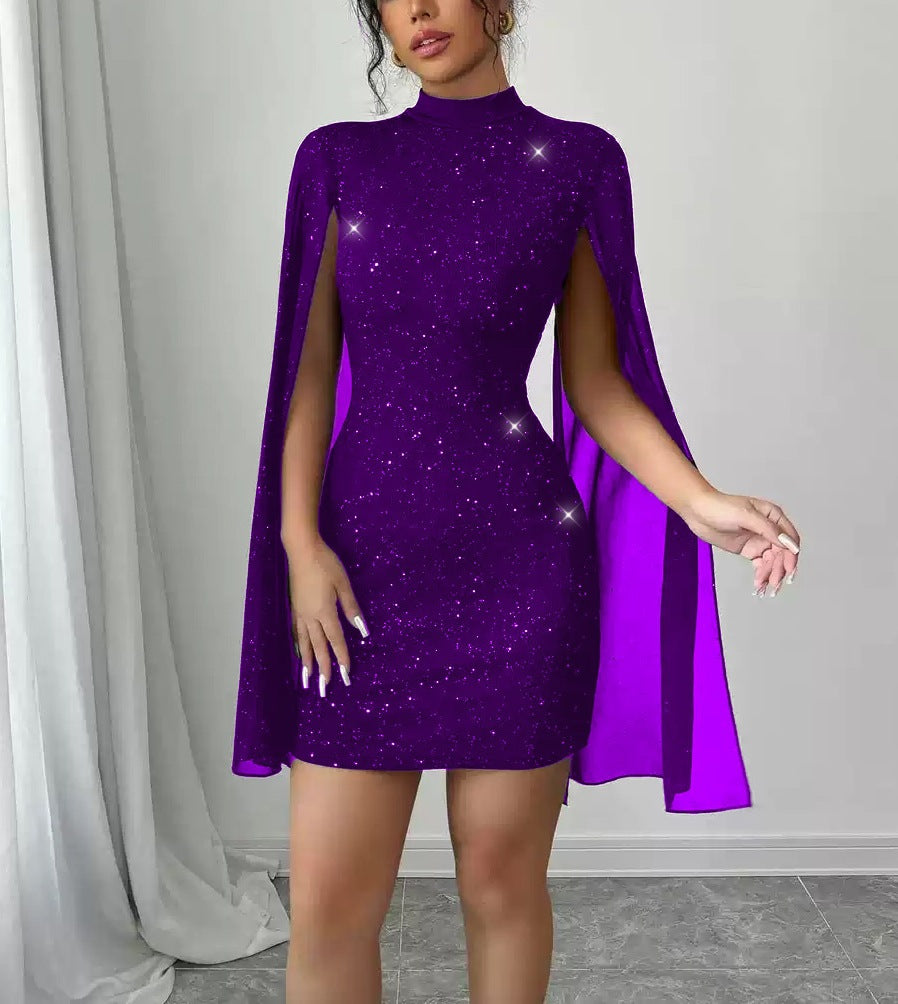Sequin-embellished Shawl-sleeve Dress With Long Sleeves