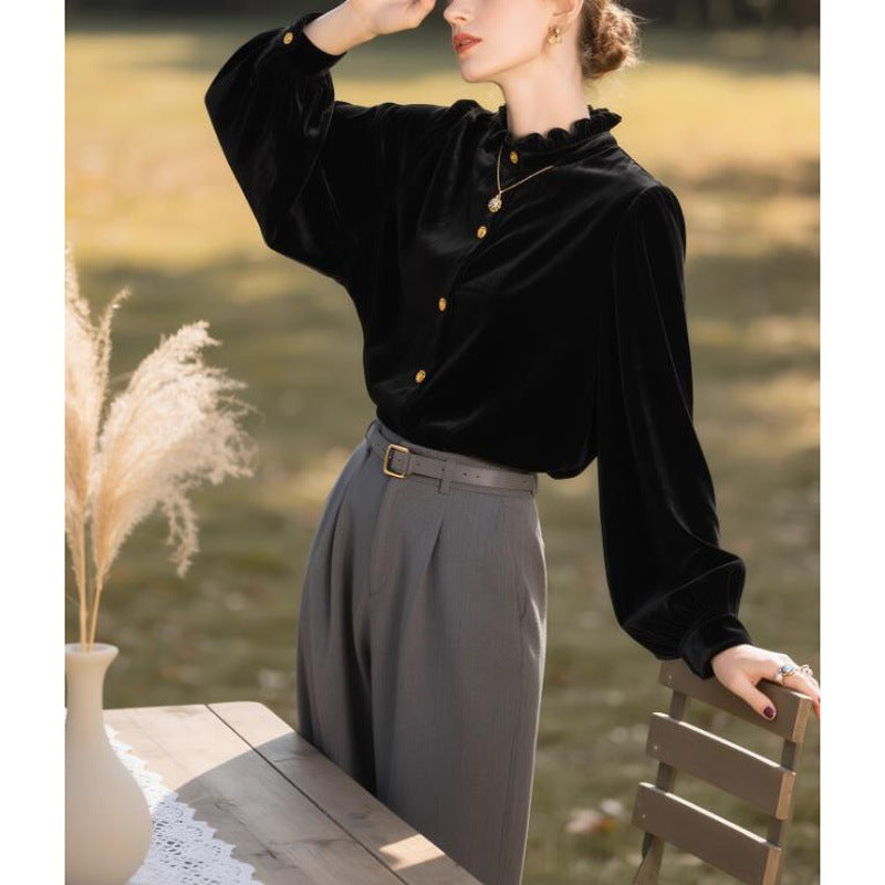 Solid-Color Versatile Loose Velvet Shirt