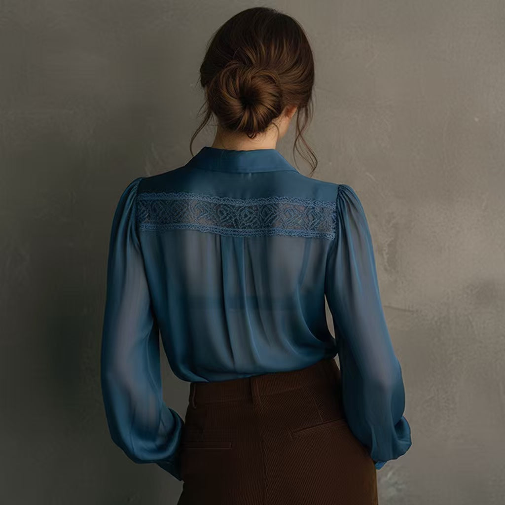 Lace-Patched Ruffle-Neck Puff-Sleeve Shirt