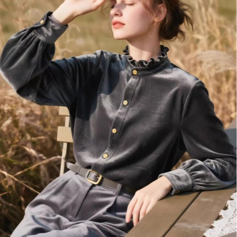 Solid-Color Versatile Loose Velvet Shirt