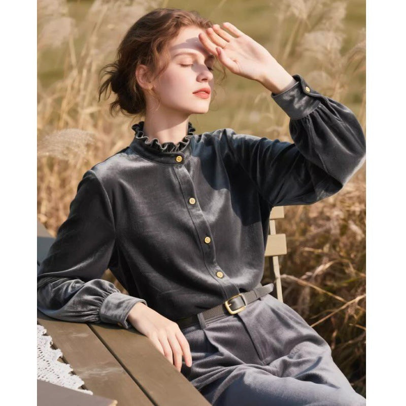 Solid-Color Versatile Loose Velvet Shirt