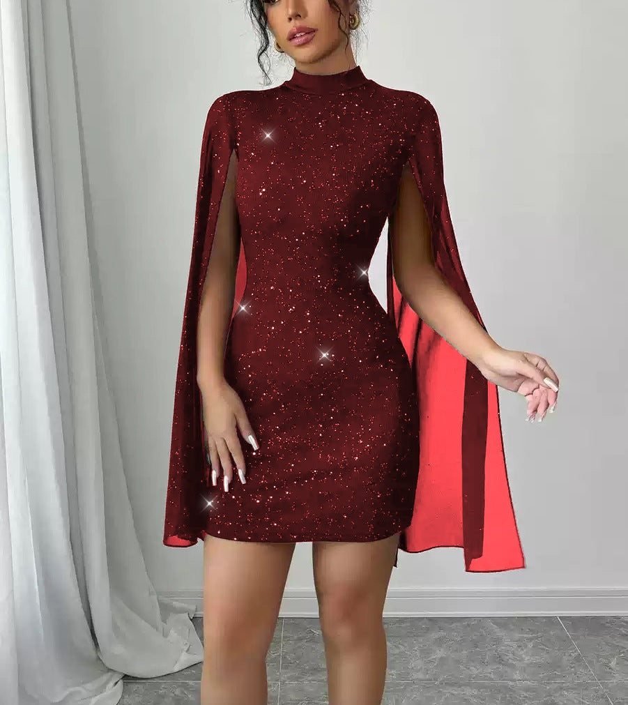 Sequin-embellished Shawl-sleeve Dress With Long Sleeves