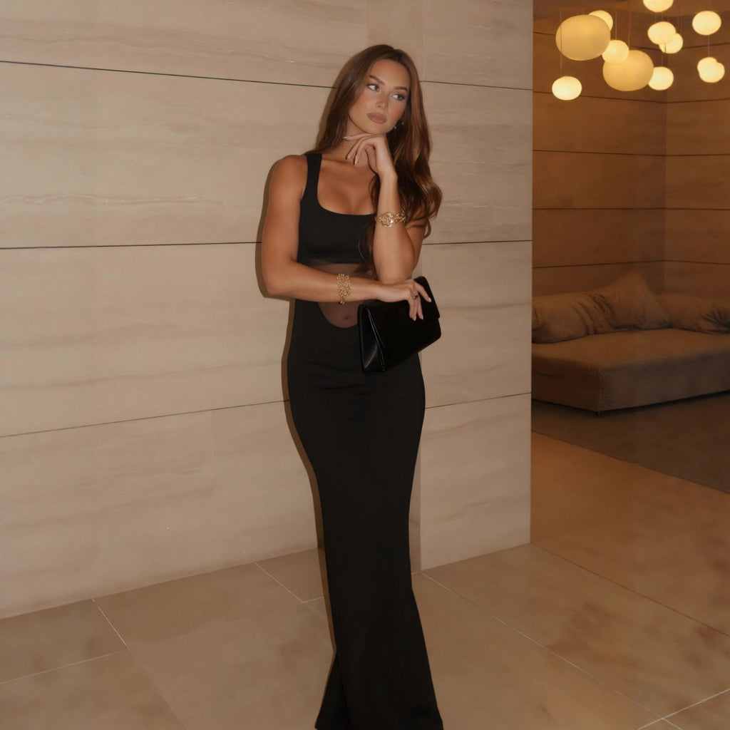 Square-neck Sheer Patchwork Sexy Dress