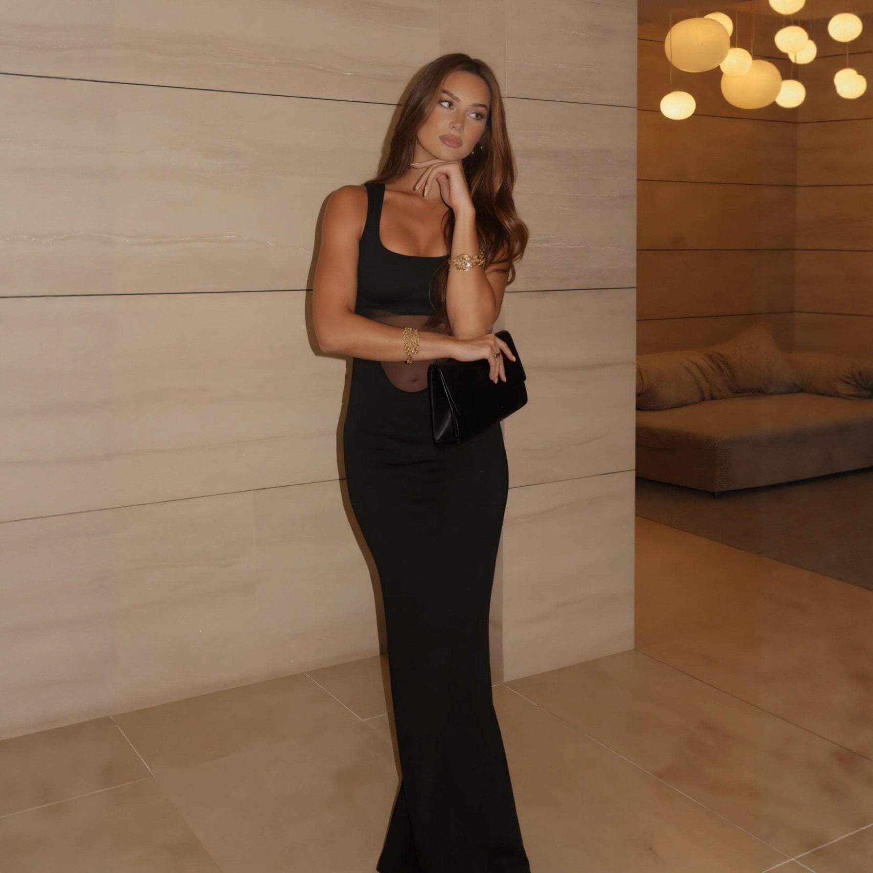 Square-neck Sheer Patchwork Sexy Dress