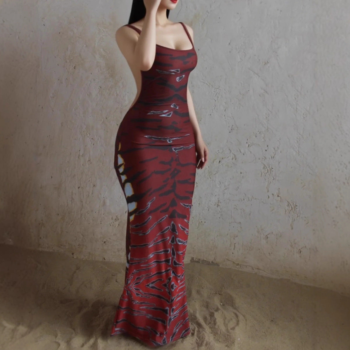 Bodycon Dress With A Unique Print And A Backless Design