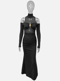 Round-neck Mesh Panel Long Sleeve Pleated Dress