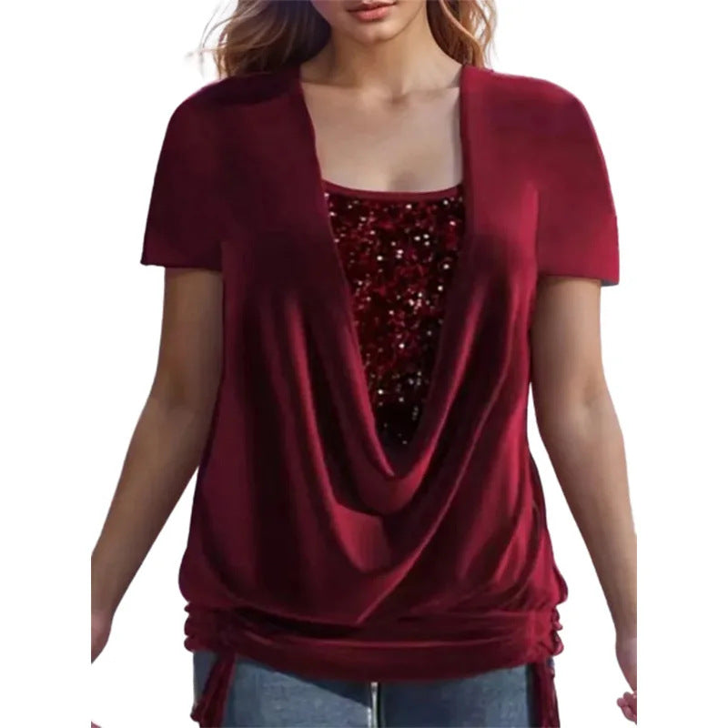 Relaxed-fit Faux Two-piece Set With A Dramatic Draped Neckline And Gathered Details