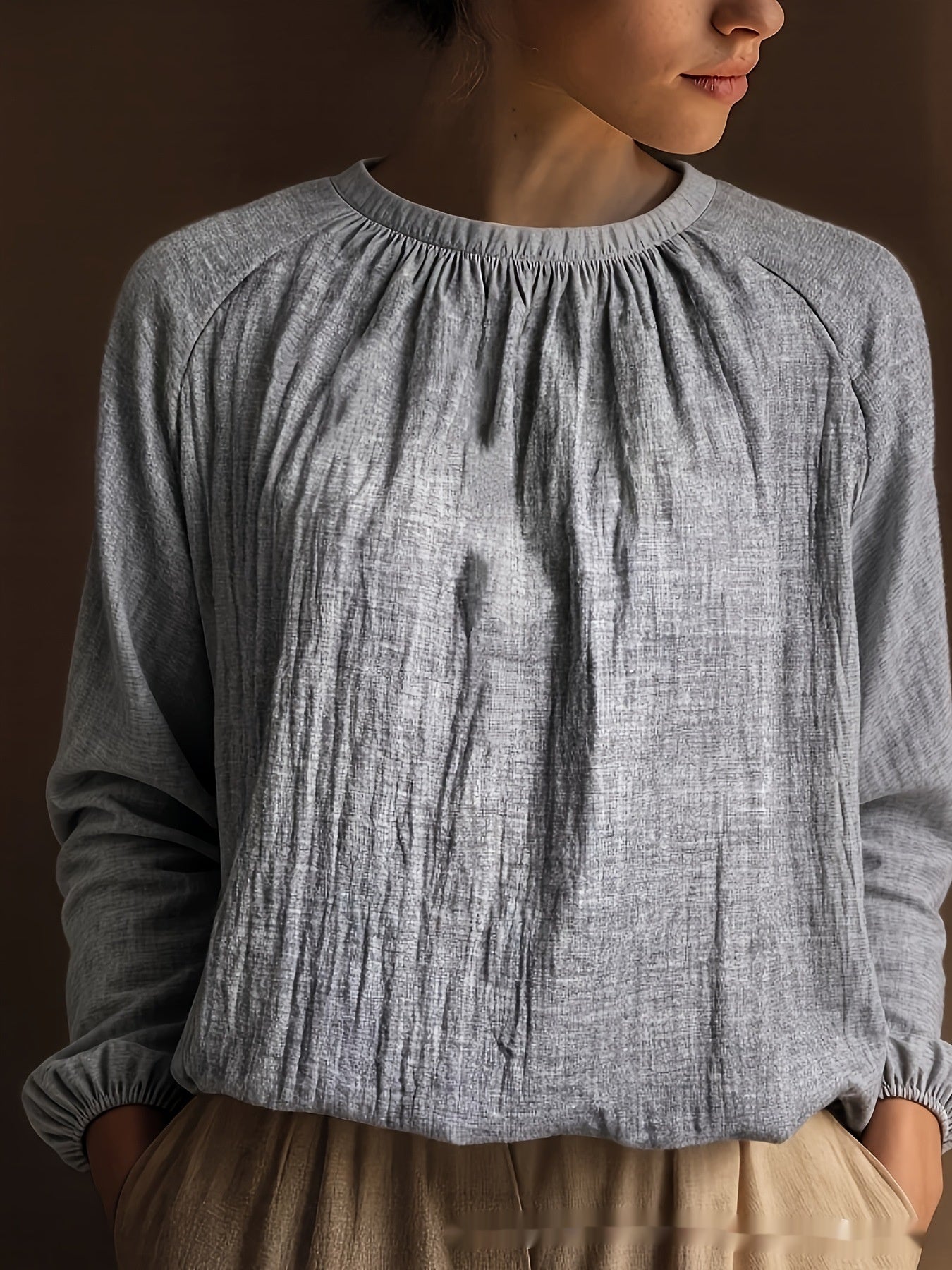 Solid-Color Elegant And Minimalist Linen Long-Sleeve Top.