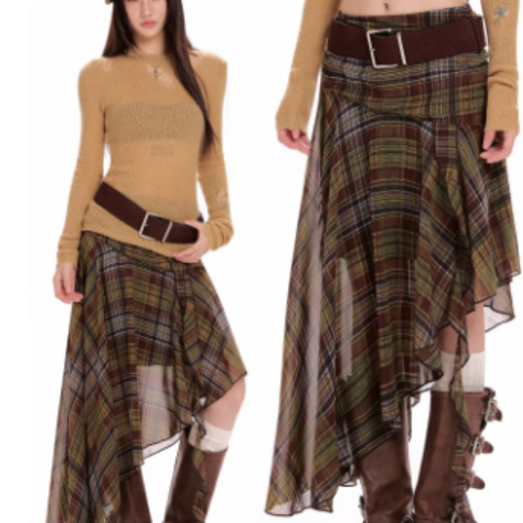 Green Chiffon Plaid Midi Skirt