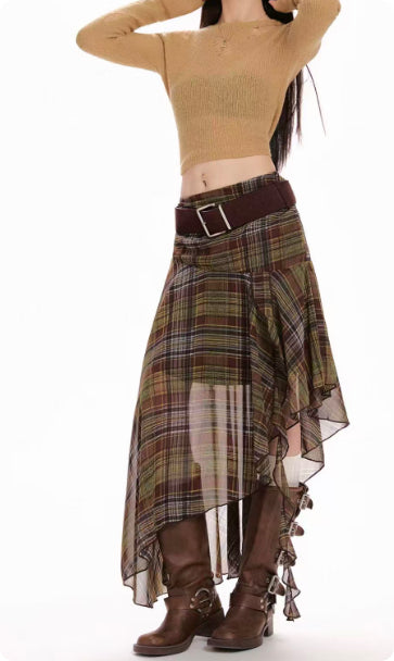 Green Chiffon Plaid Midi Skirt