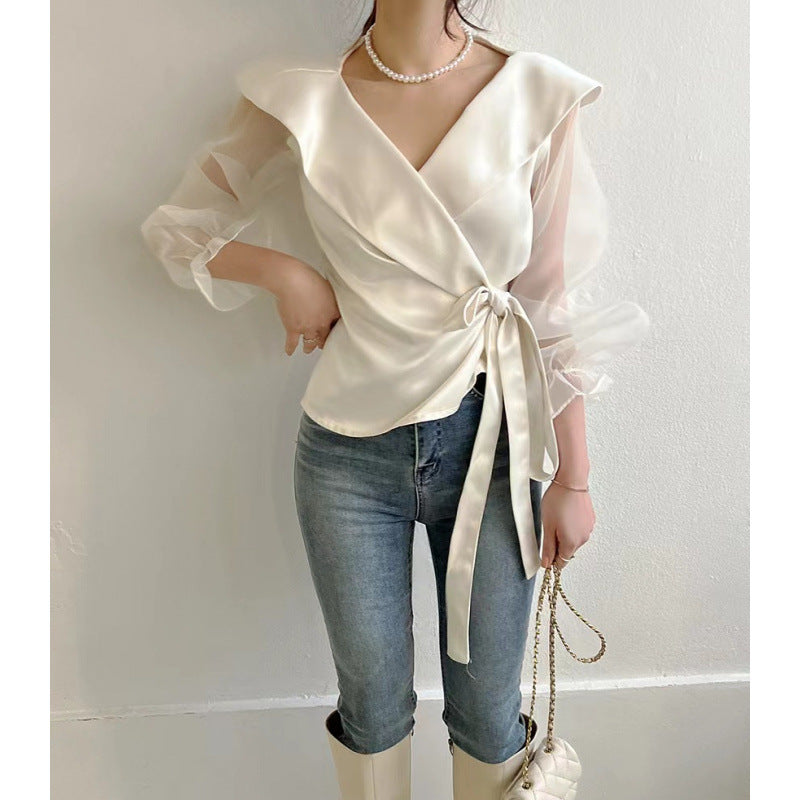Puff-Sleeve Bow-Tie Blouse