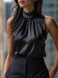 Solid-Color Pleated Satin Sleeveless Shirt