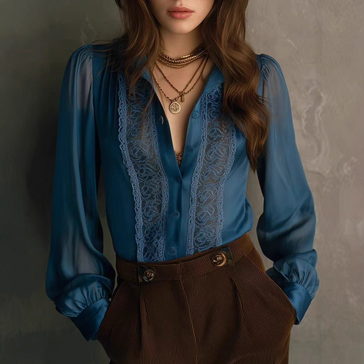 Lace-Patched Ruffle-Neck Puff-Sleeve Shirt