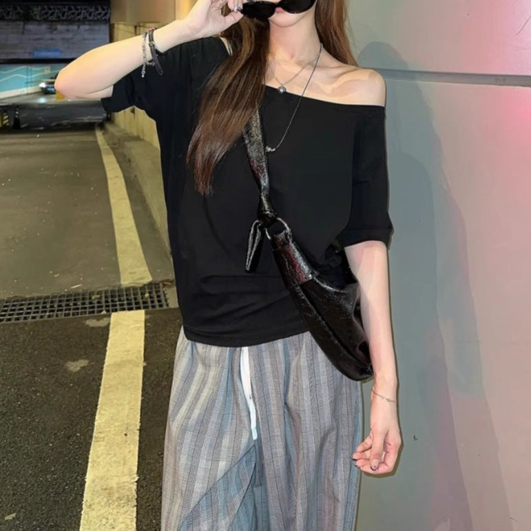 Solid-Color American-Style Retro Off-the-Shoulder Slash-Neck Short-Sleeve Top