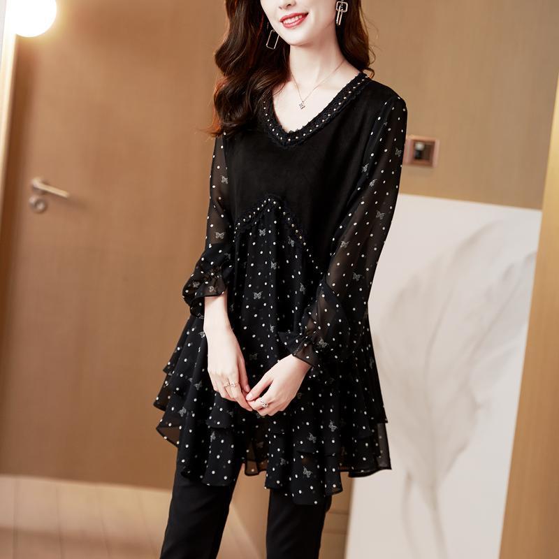 Polka-Dot Chiffon Floral Casual Top