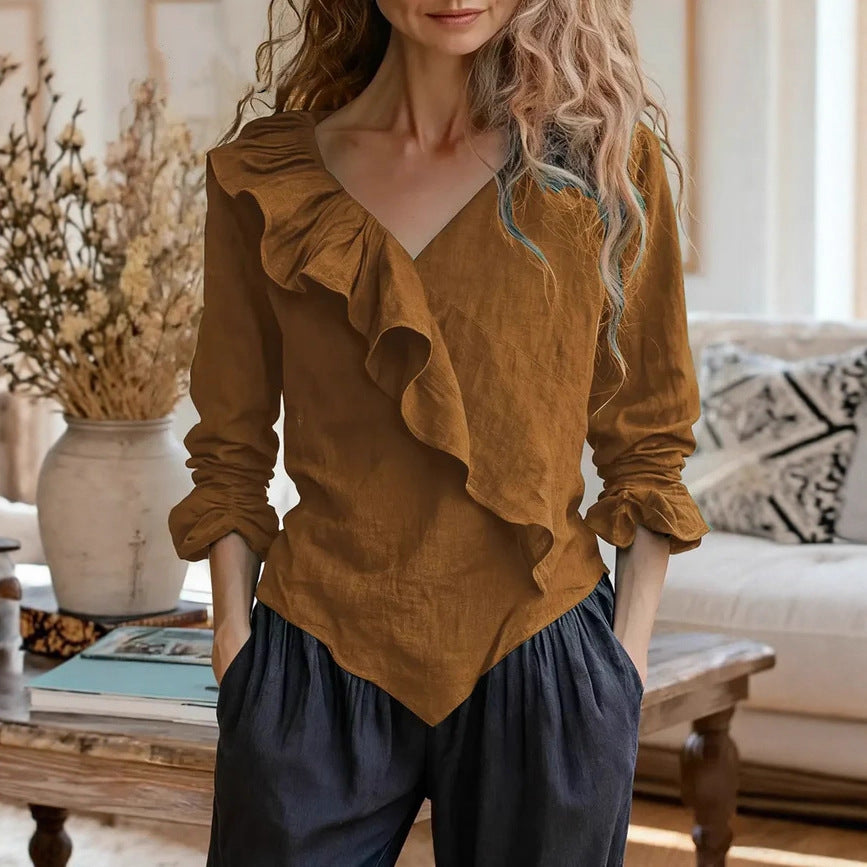 Solid-Color V-Neck Casual Top With Ruffle Long Sleeves