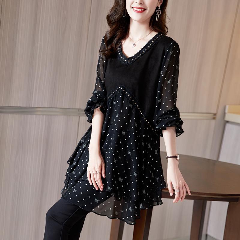 Polka-Dot Chiffon Floral Casual Top