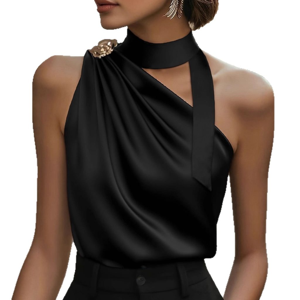 Solid-Color Off-the-Shoulder High-Neck Sleeveless Fashionable Top