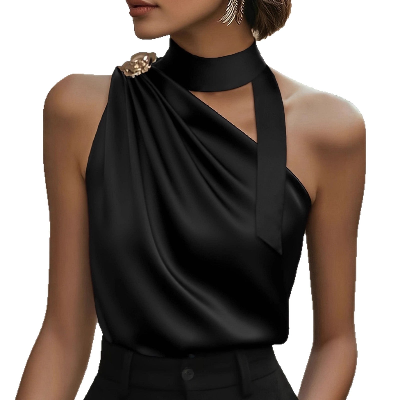 Solid-Color Off-the-Shoulder High-Neck Sleeveless Fashionable Top