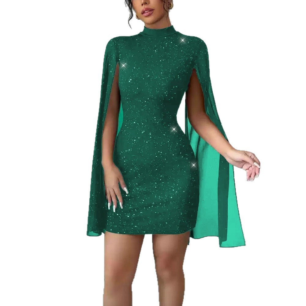Sequin-embellished Shawl-sleeve Dress With Long Sleeves