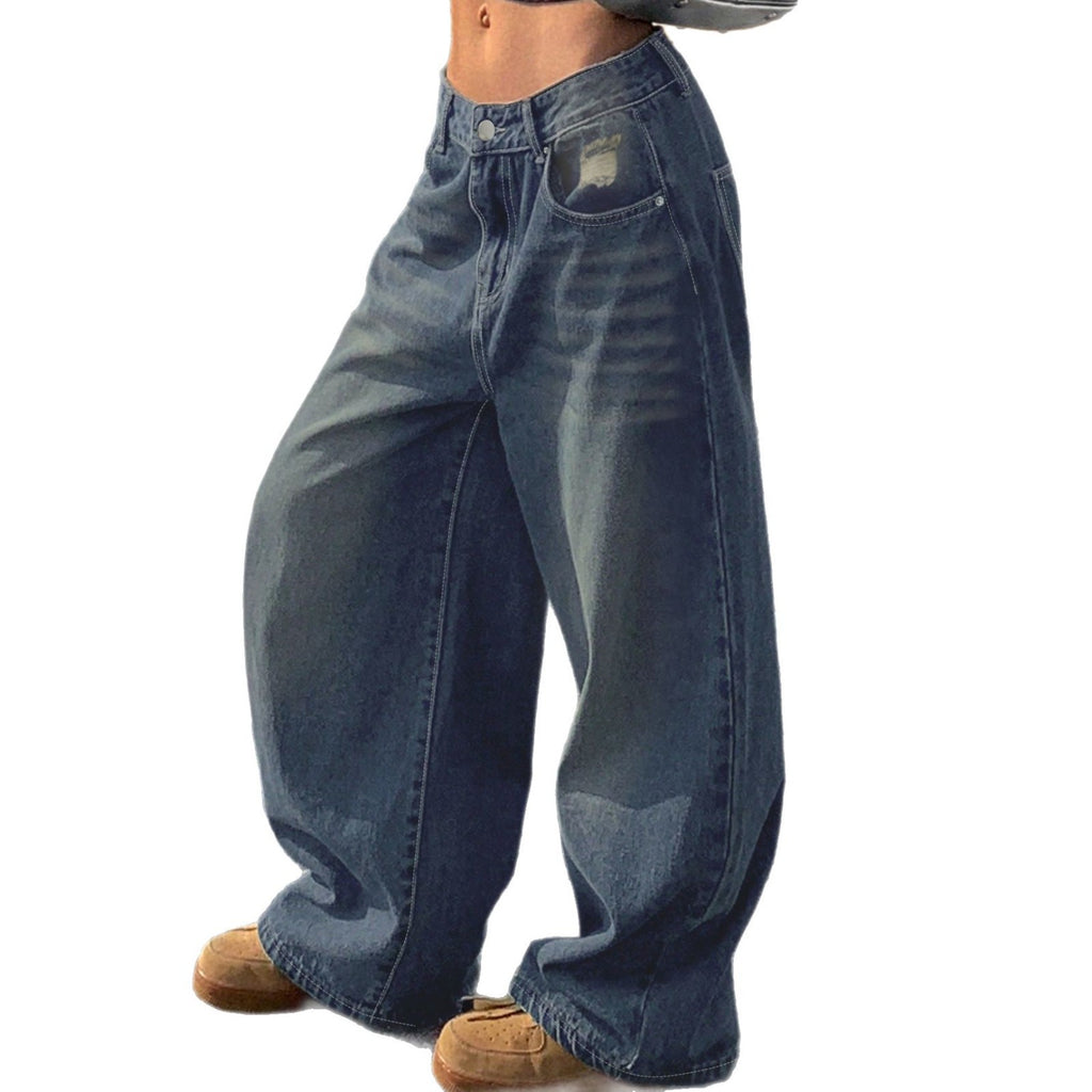 European And American-style Washed Blue Wide-leg Jeans.