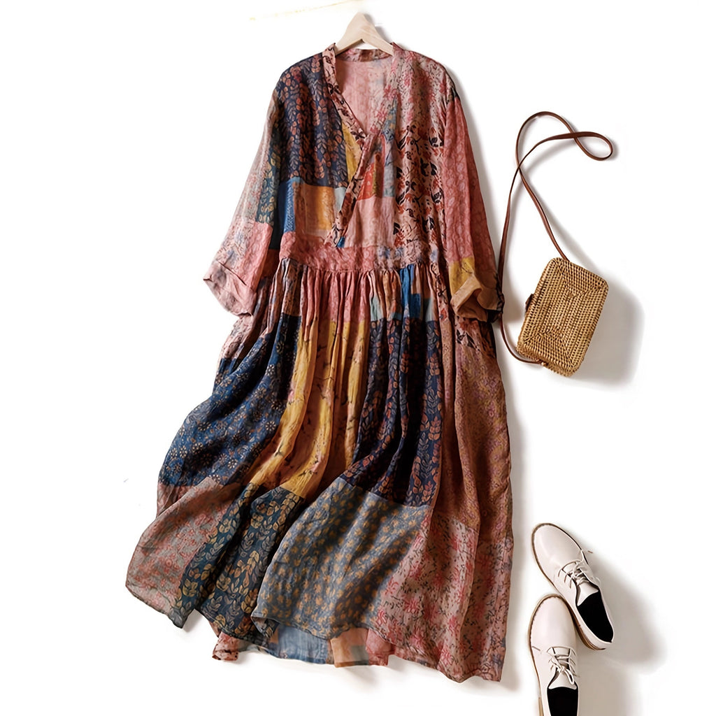 Retro Printed V-Neck Dress