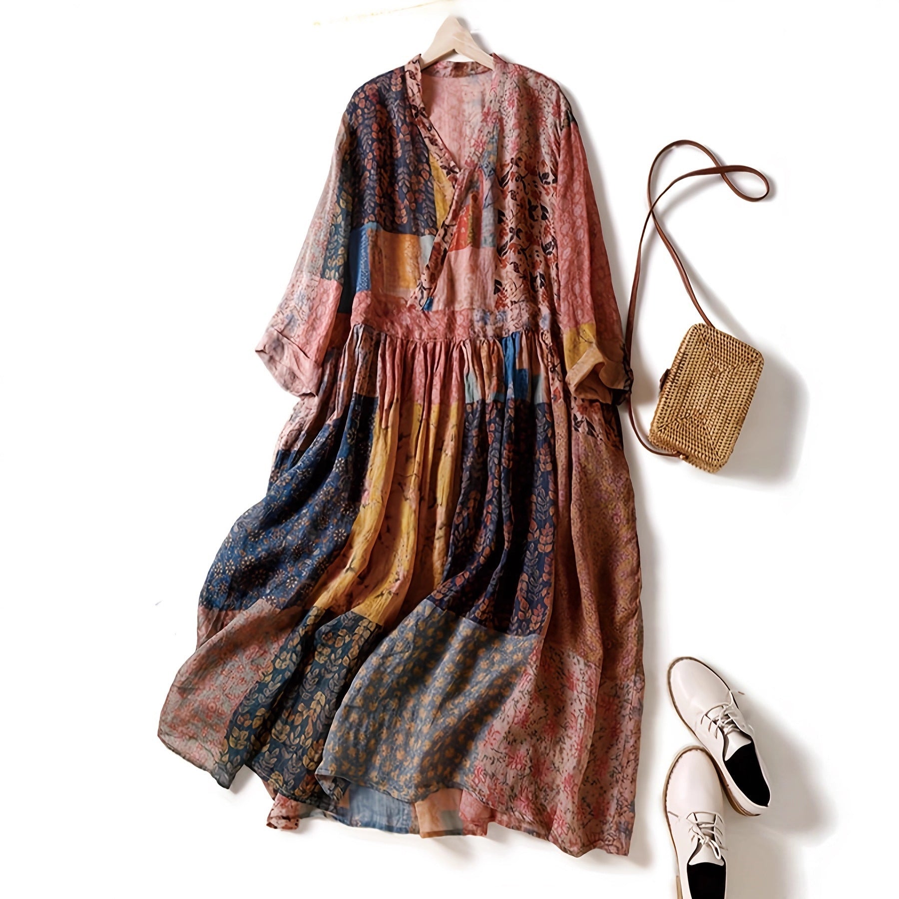 Retro Printed V-Neck Dress