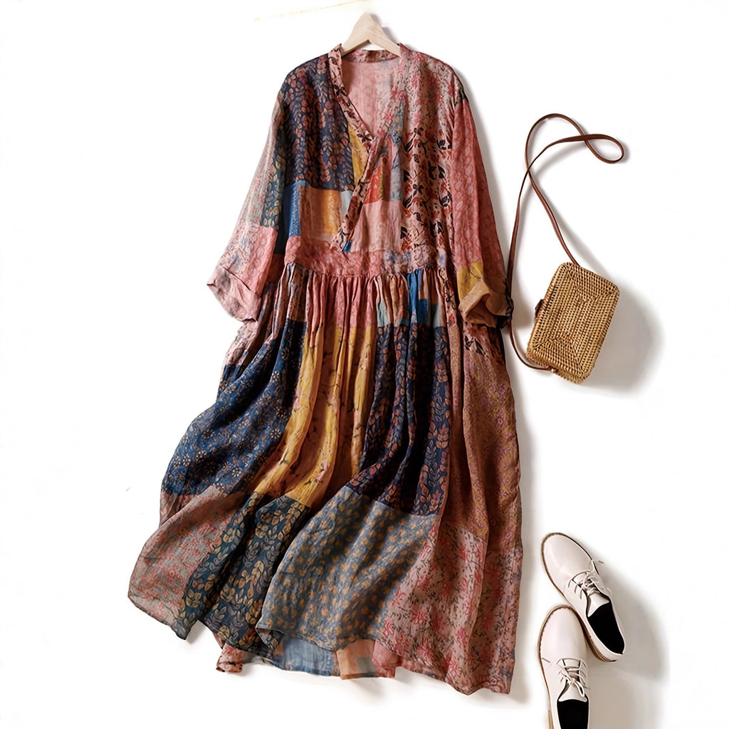 Retro Printed V-Neck Dress