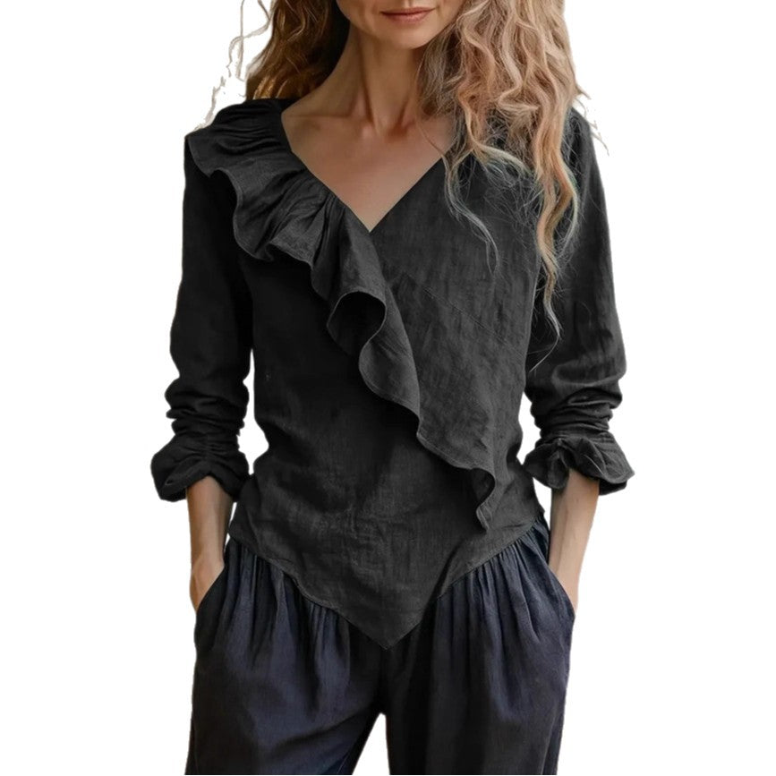 Solid-Color V-Neck Casual Top With Ruffle Long Sleeves