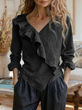 Solid-Color V-Neck Casual Top With Ruffle Long Sleeves